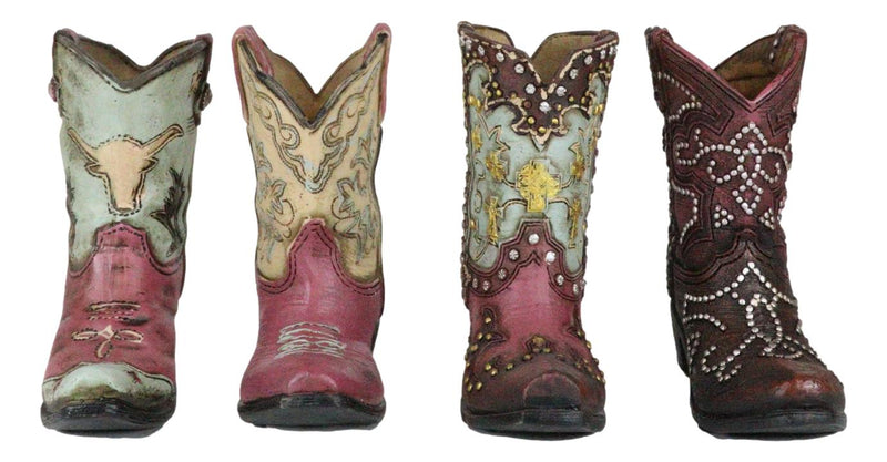 Set of 4 Western Longhorn Silver Studs Cowboy Boots Make Up Tools Pen Holders