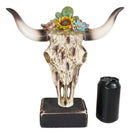 Rustic Western Faux Distressed Wood Bull Cow Skull With Floral Succulents Statue