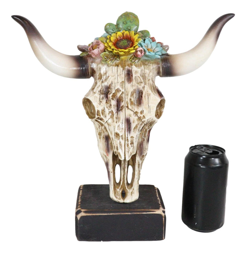 Rustic Western Faux Distressed Wood Bull Cow Skull With Floral Succulents Statue