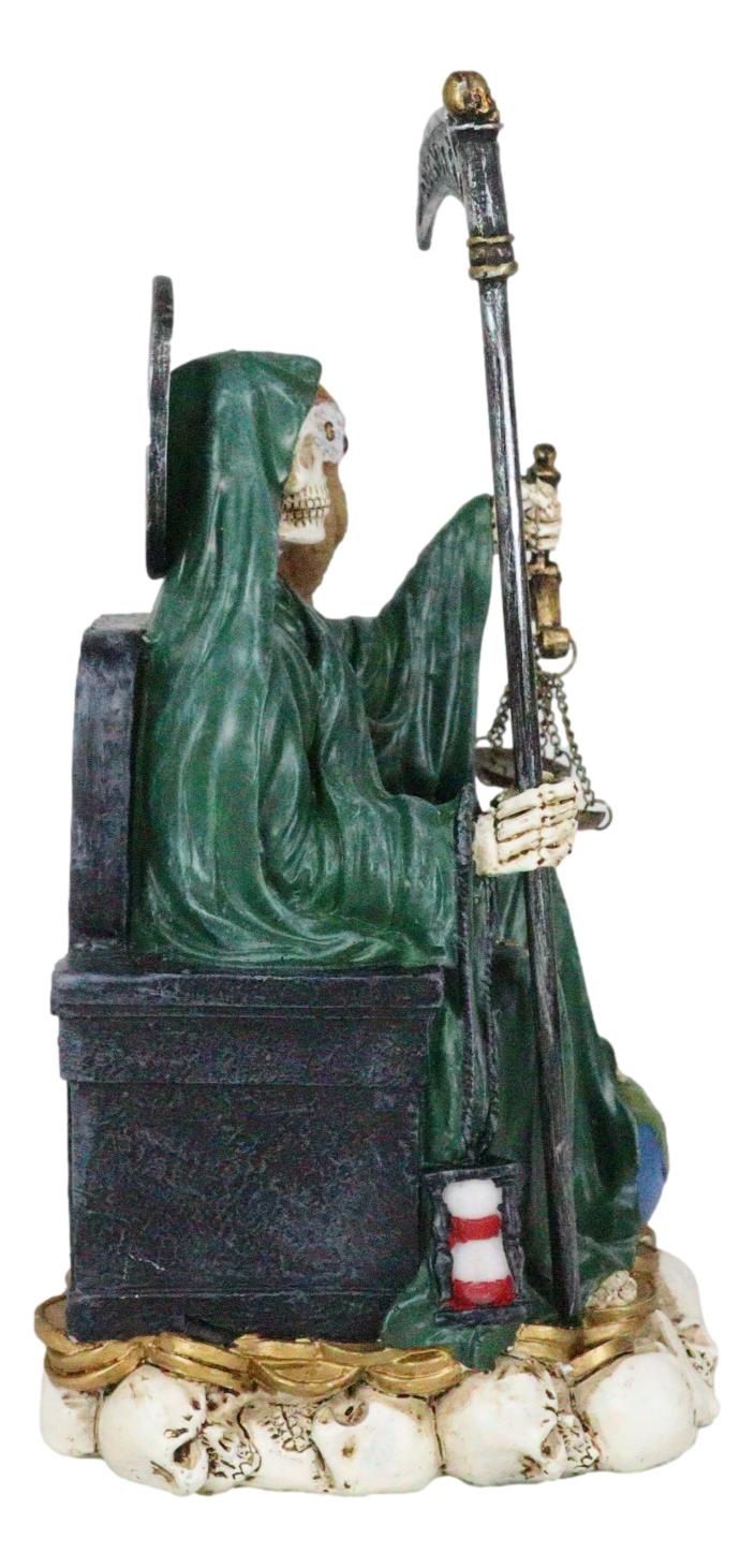 Seated Green Santa Muerte With Scythe Scales of Justice And Wise Owl Figurine 9"
