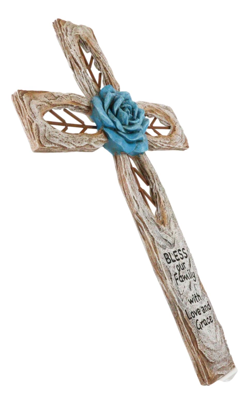 Rustic Aqua Blue Rose Flower Bless Our Family With Love And Grace Wall Cross