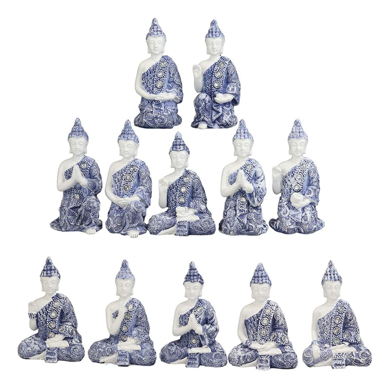 Ebros Gift Blue and White Terracotta Ming Style Miniature Meditating Buddha Amitabha Figurine Set of 12 in Different Mudra Poses Collectible 3.25" Tall Eastern Enlightenment Feng Shui Buddhist Monks