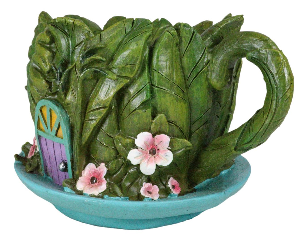 Fairy Garden Leaf Foliage Teacup House With Purple Door Floral Planter Vase - Ebros Gift