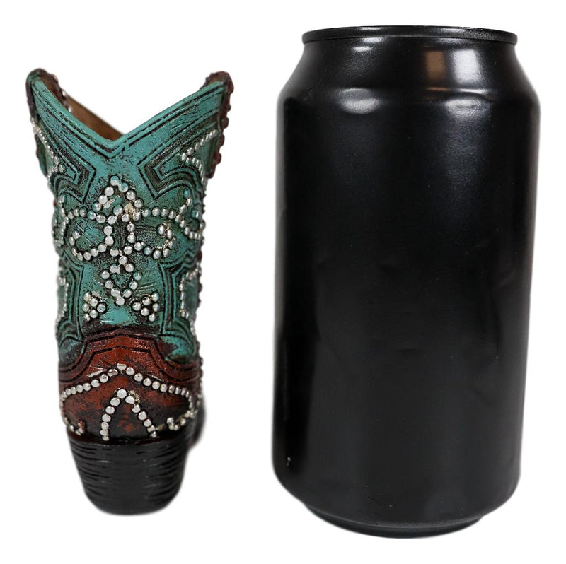 Ebros Set of 2 Western Cowboy Turquoise Boots Make Up Tools Pencil Pen Holder Figurine