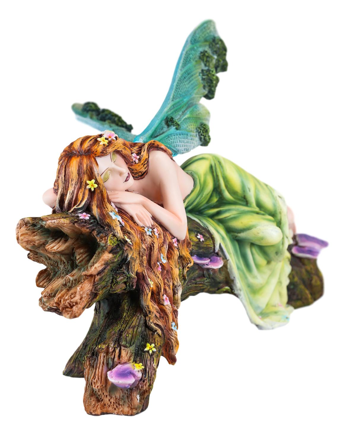 Ebros Beautiful Green Forest Fairy With Red Hair Sleeping On Tree Log Statue - Ebros Gift