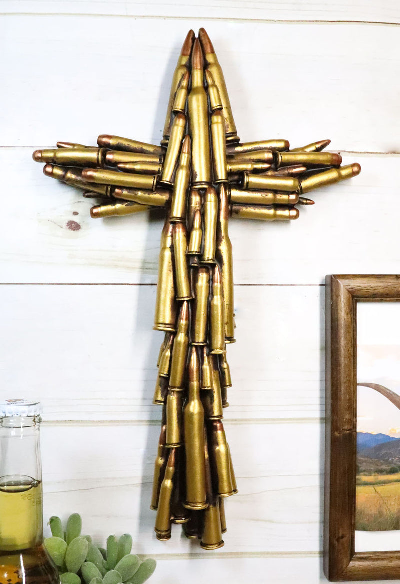 Rustic Western Stacked Hunter Golden Rifle Bullet Casings Wall Cross Plaque