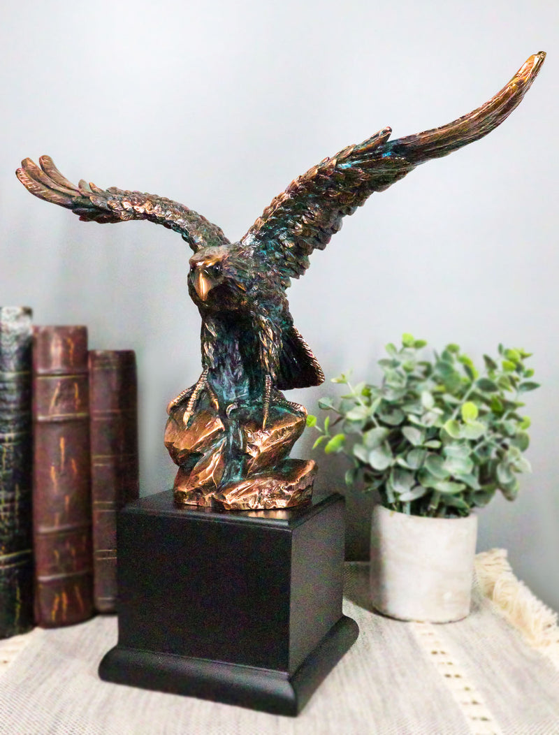 12" High Wings of Glory Heraldic Bald Eagle Landing On Rocks Statue With Base