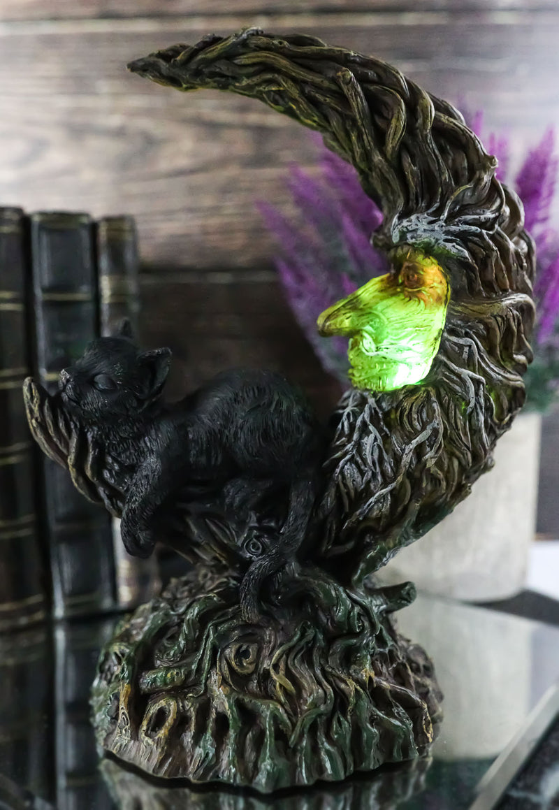 Black Cat Sitting On Crescent Greenman Tree Moon Figurine With LED Night Light