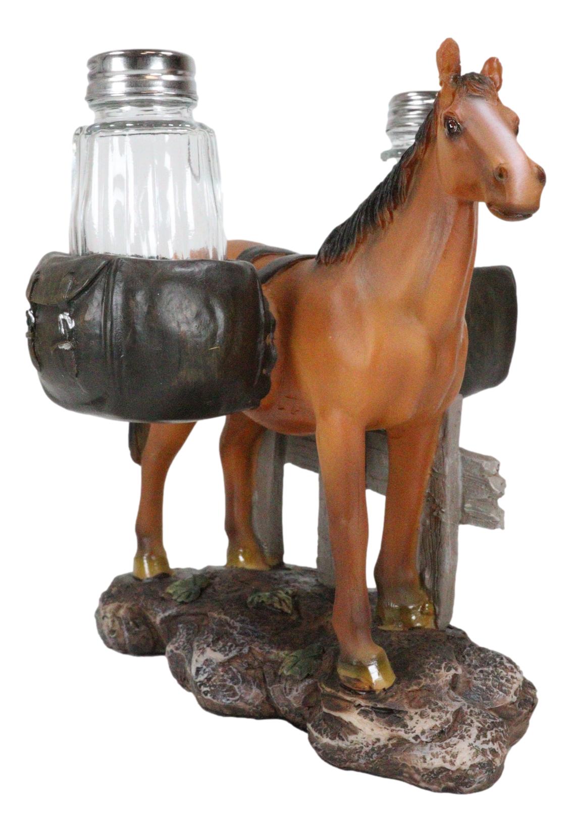 Western Brown Stallion Horse With Saddlebags Salt Pepper Shakers Holder Figurine