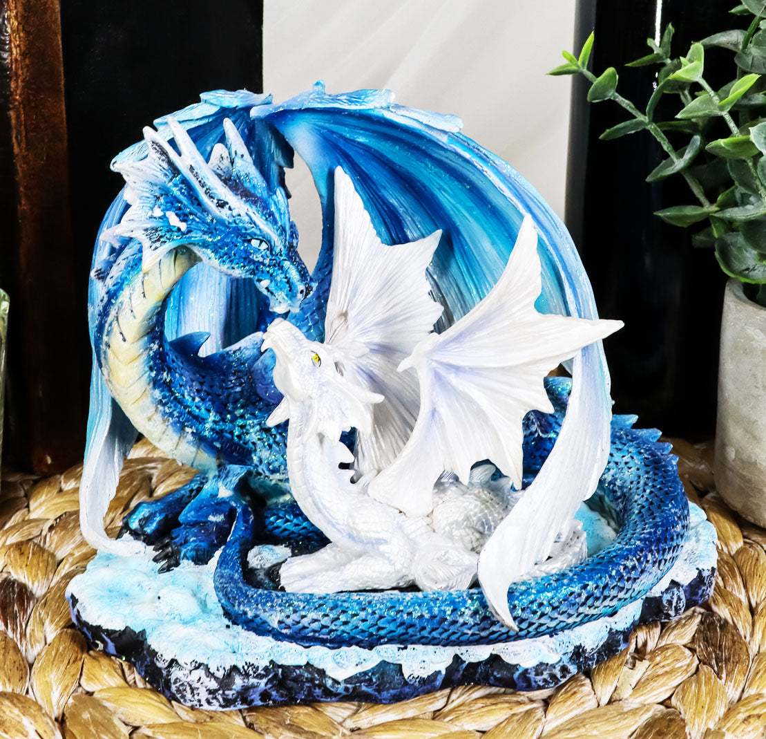 Ebros Nature's Nurture Mother Dragon Adoring White Baby Dragon Statue Home Decor Resin Fantasy Dragon Family Sculptural 6.75" Long - Ebros Gift
