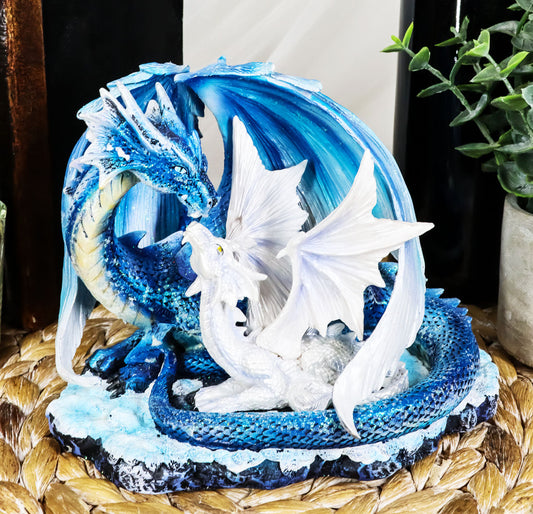 Ebros Nature's Nurture Mother Dragon Adoring White Baby Dragon Statue Home Decor Resin Fantasy Dragon Family Sculptural 6.75" Long - Ebros Gift