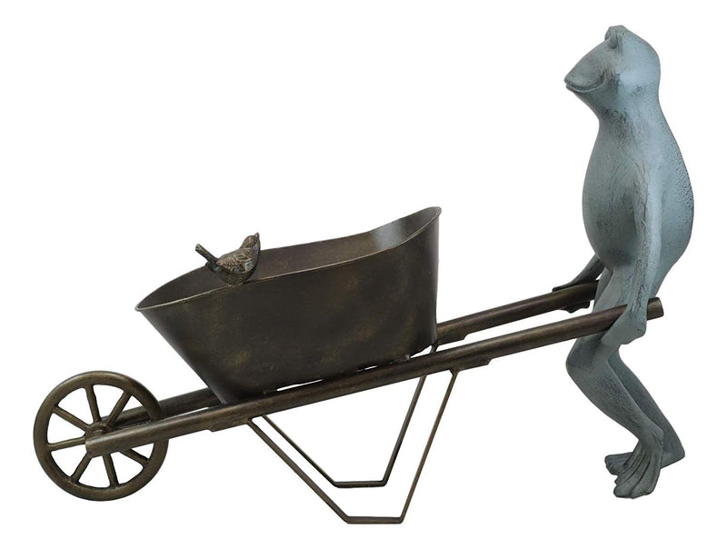 Ebros Gift 24" Wide Aluminum Rustic Whimsical Gardening Green Frog with Birds Pushing Wheelbarrow Cart Flowers Or Plants Planter Garden Statue Decorative Frogs and Toads Accent Decor