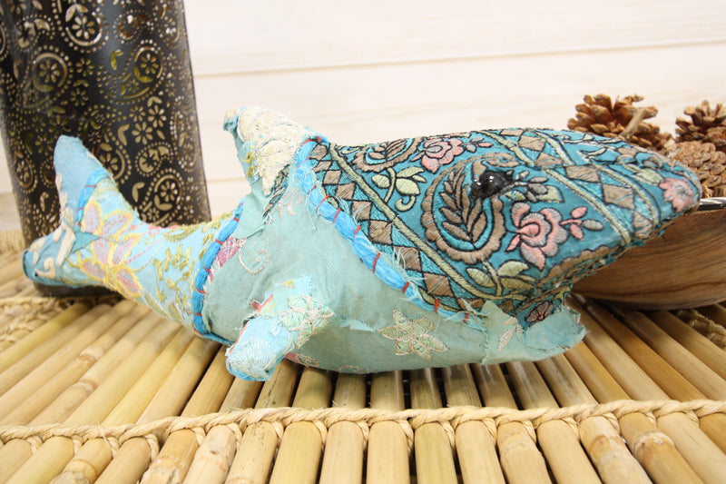 Great White Shark Hand Crafted Paper Mache In Colorful Sari Fabric Figurine