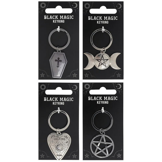Pack of 4 Metal Wicca Occult Triple Moon Pentagram Coffin Planchette Keychains