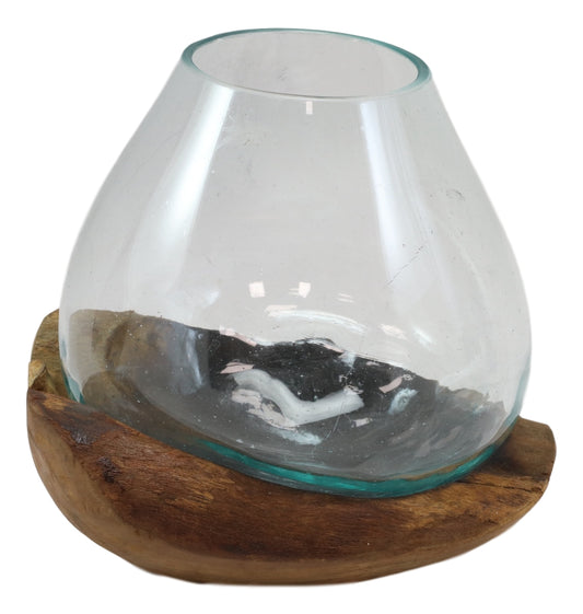 Balinese Handicraft Natural Driftwood With Fitted Hand Blown Glass Bowl 8.5"H - Ebros Gift