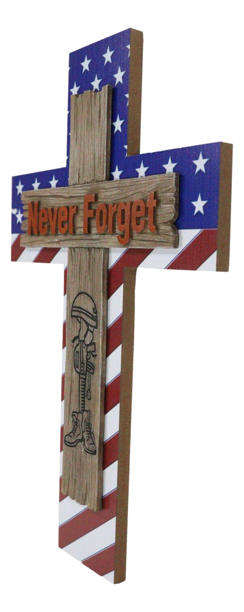 Western USA Flag Hero Fallen Soldier Boot Rifle Helmet Never Forget Wall Cross