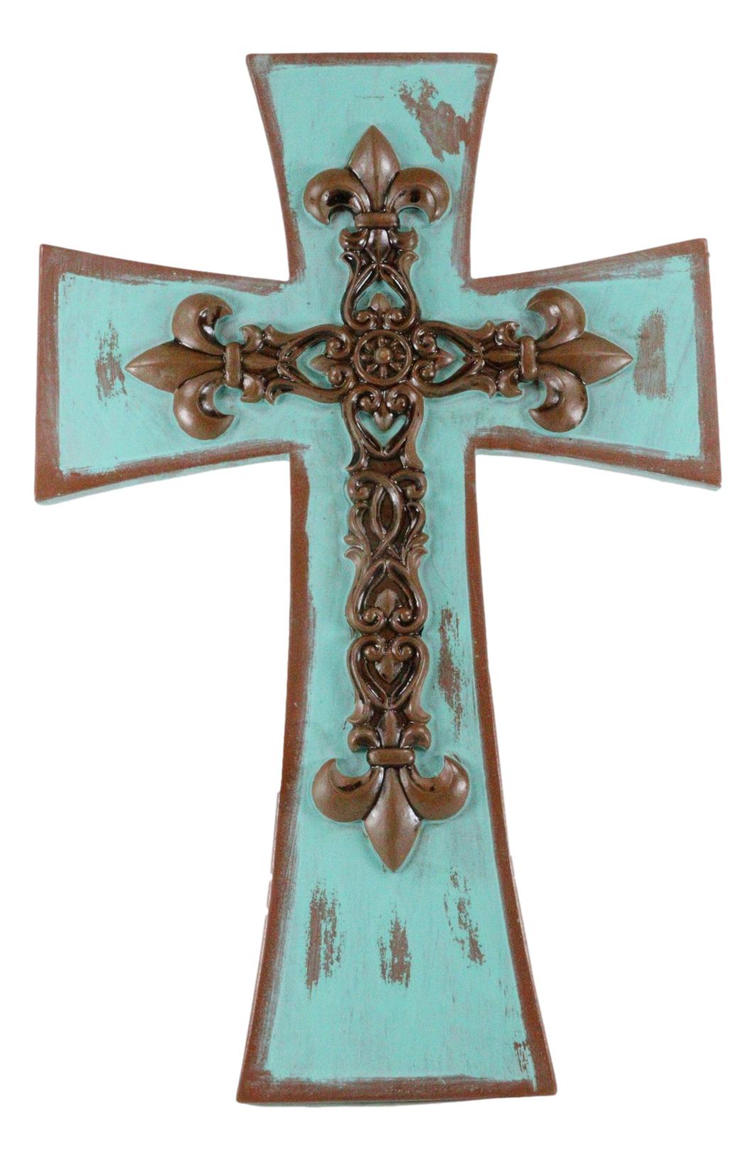 Rustic Southwestern Tuscany French Fleur De Lis Antiqued Turquoise Wall Cross - Ebros Gift