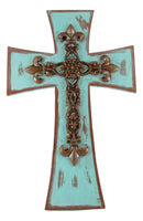 Rustic Southwestern Tuscany French Fleur De Lis Antiqued Turquoise Wall Cross