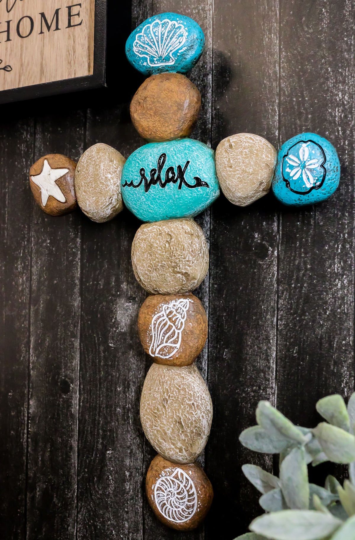 Relax Starfish Oyster Clam Shells Sand Dollar Stone Rocks Marine Wall Cross