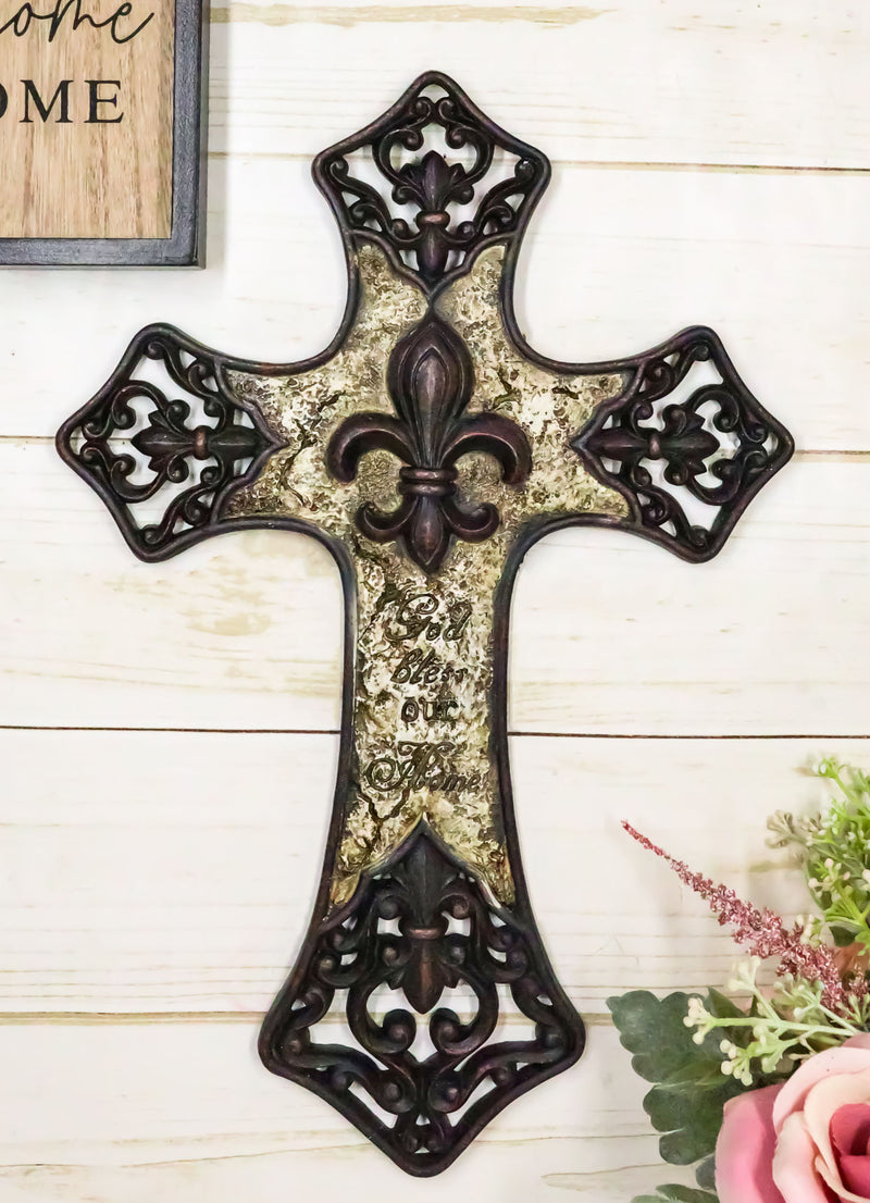 Rustic Southwestern Tuscany French Fleur De Lis God Bless Our Home Wall Cross