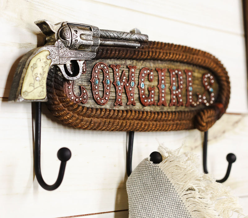 Ebros Cowgirl Sign Braided Ropes Six Shooter Revolver Gun Pistol Wall 3 Peg Coat Hooks