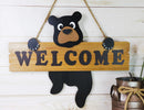 Black Bear Cub Hanging On Welcome Sign Plank MDF Wood Door Or Wall Decorative