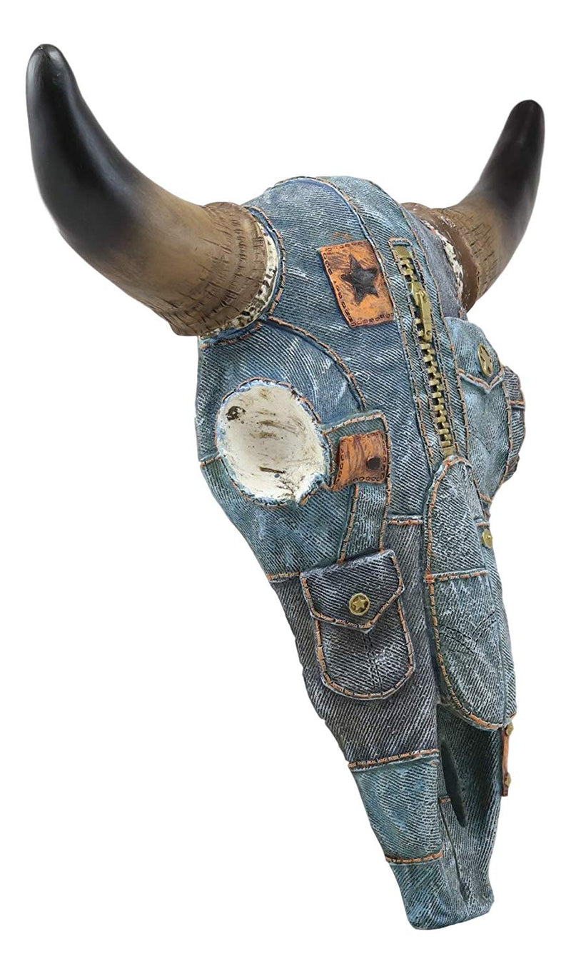 Ebros 13" Wide Western Southwest Steer Bison Buffalo Bull Cow Horned Skull Head in Cowboy Blue Denim Jeans Design Wall Mount Decor - Ebros Gift