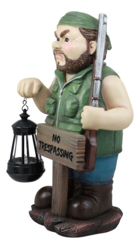 Grumpy Hunter With Shotgun And No Trespassing Sign Statue With Solar LED Light