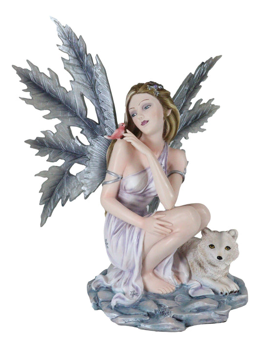 Blue Frozen Ice Fairy with Frost Flake Wings Crouching by Snow Wolf Pup Figurine