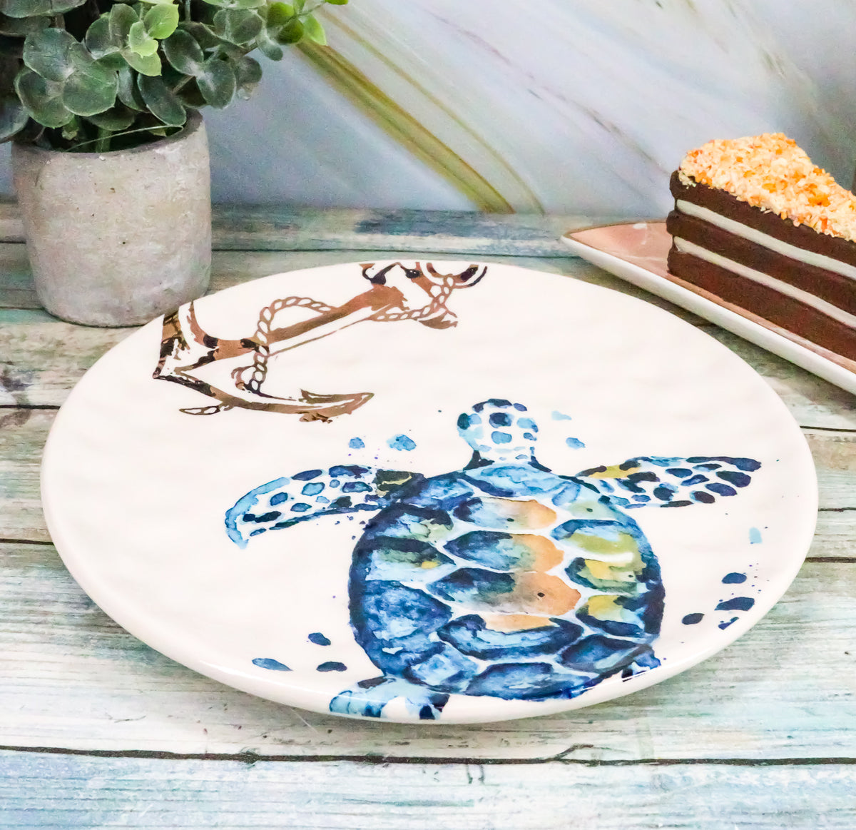 Ebros Blue & White Sea Turtle Ceramic Dinnerware (Salad Appetizer Plate, 2 PCS)
