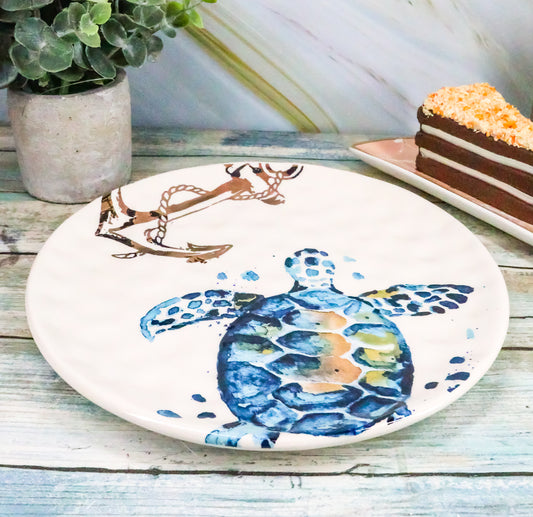 Ebros Blue & White Sea Turtle Ceramic Dinnerware (Salad Appetizer Plate, 2 PCS)