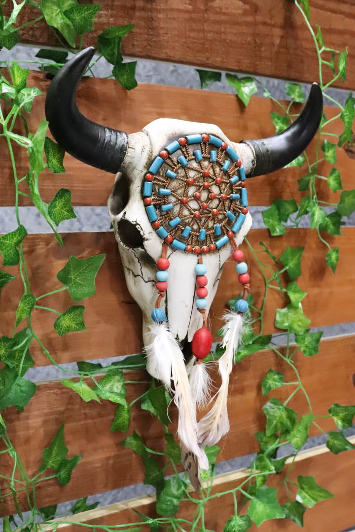 Large Western Native American Turquoise And Red Web Dreamcatcher Bison Cow Skull
