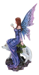 Purple Pearl Wishing Fairy On Tree Of Life With Giant Winter Snow Wolf Figurine