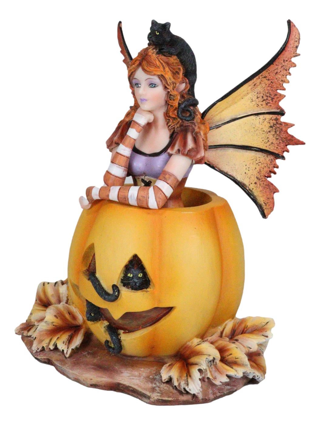 Amy Brown Halloween Mischief Fairy With Black Cats On Grinning Pumpkin Figurine