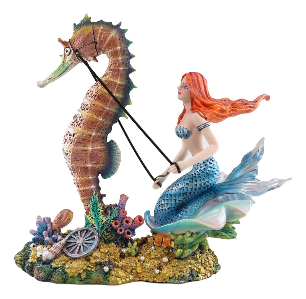 Ebros Nouveau Nautical Ocean Mermaid On Clam Riding Seahorse Chariot Statue 10"H - Ebros Gift