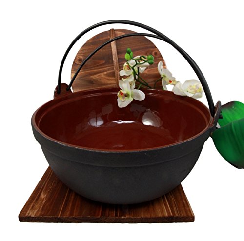 Ebros Gift Japanese Cast Iron Sukiyaki Shabu Shabu Nabe Ramen Personal Size Hot Pot With Wooden Lid 11.5" Diameter