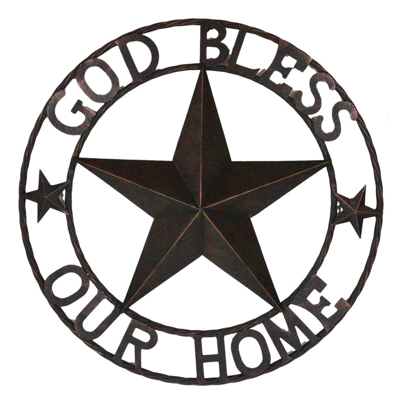 24"D Rustic Western Lone Star God Bless Our Home Metal Circle Wall Plaque Sign