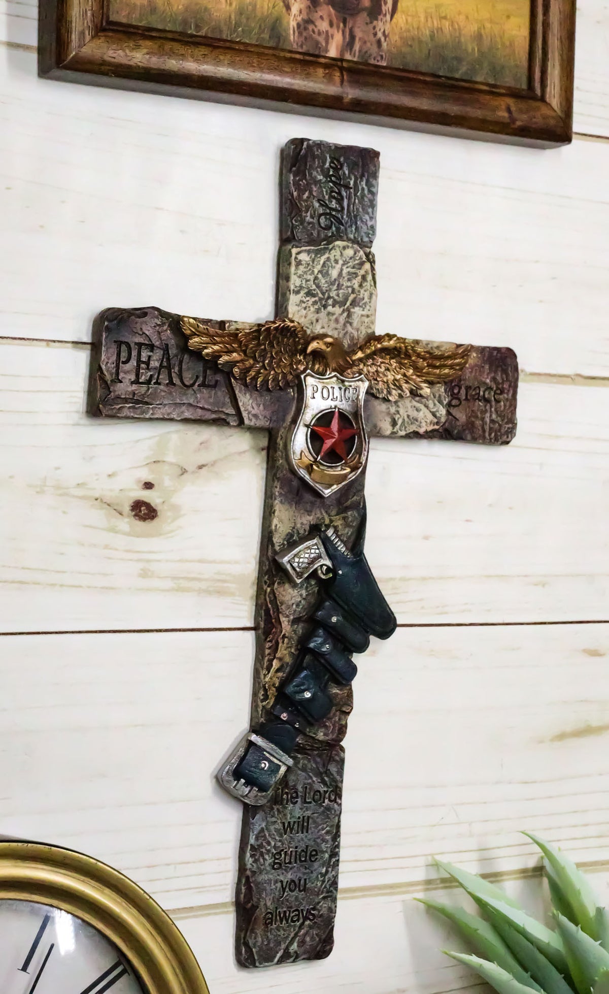Rustic Western Men In Blue Police Law Enforcement Gun Eagle Badge Wall Cross