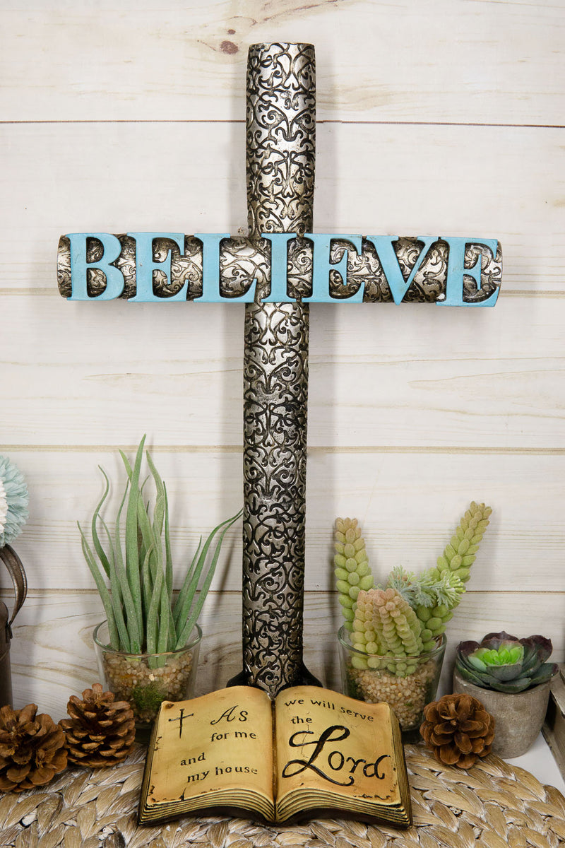 Silver Scroll Filigree Pattern Believe Standing Cross Desktop Plaque Figurine