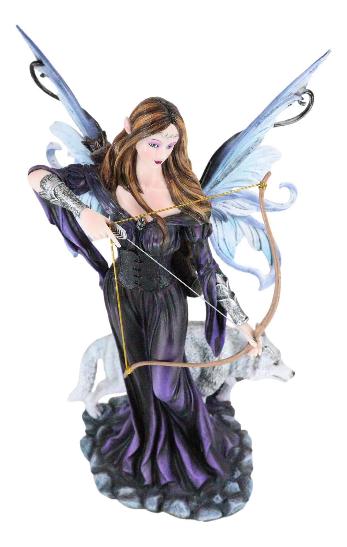 Moon Goddess Artemis Fairy with White Snow Wolf Drawing Bow and Arrow Statue