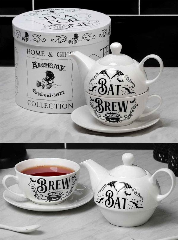 Porcelain Bat Brew Magic Cauldron Stackable Tea Pot And Cup With Saucer Set Of 3