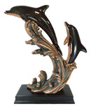 Large 23"H Nautical Marine 2 Bottlenose Dolphins Leaping Over Ocean Waves Statue