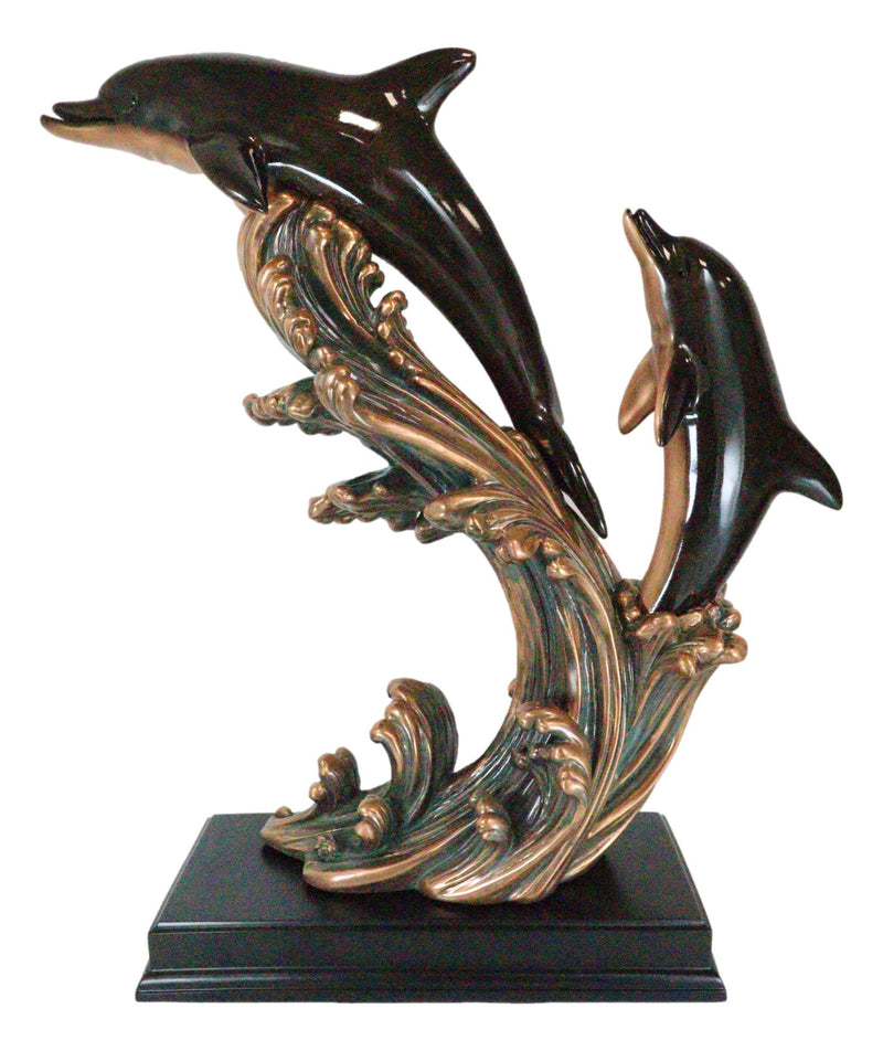 Large 23"H Nautical Marine 2 Bottlenose Dolphins Leaping Over Ocean Waves Statue