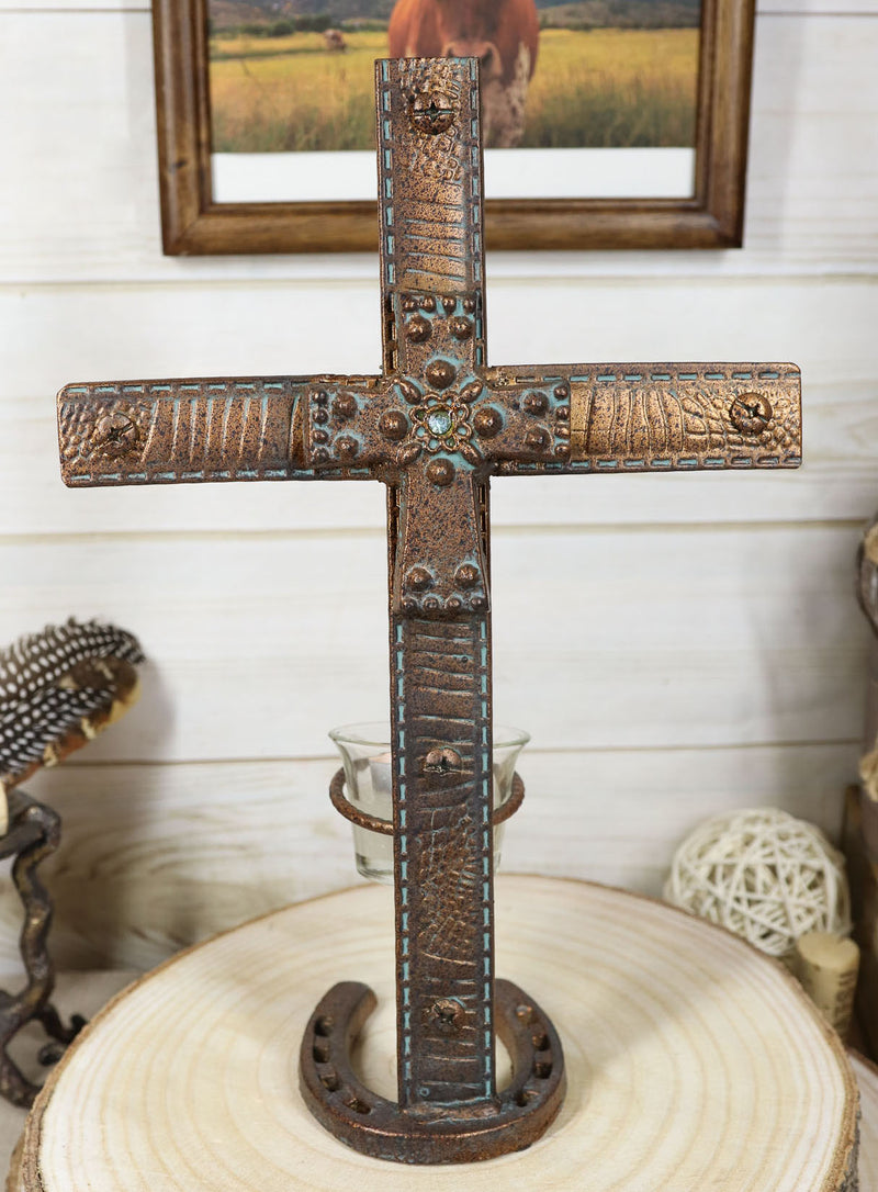 Rustic Western Cast Iron Cowboy Cross Horseshoe Desktop Plaque Candle Holder