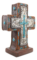 Rustic Western Silver Floral Scrollwork And Blue Turquoise Standing Cross Plaque