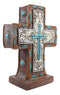 Rustic Western Silver Floral Scrollwork And Blue Turquoise Standing Cross Plaque
