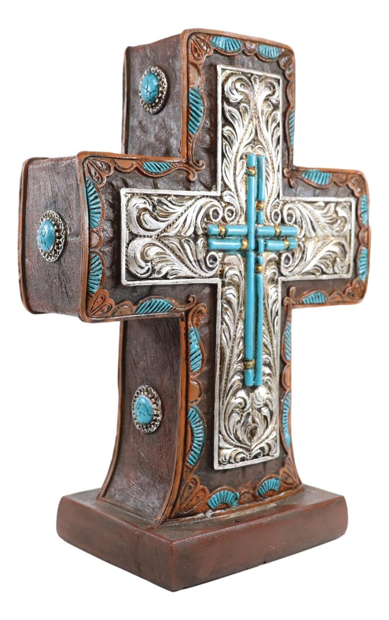 Rustic Western Silver Floral Scrollwork And Blue Turquoise Standing Cross Plaque