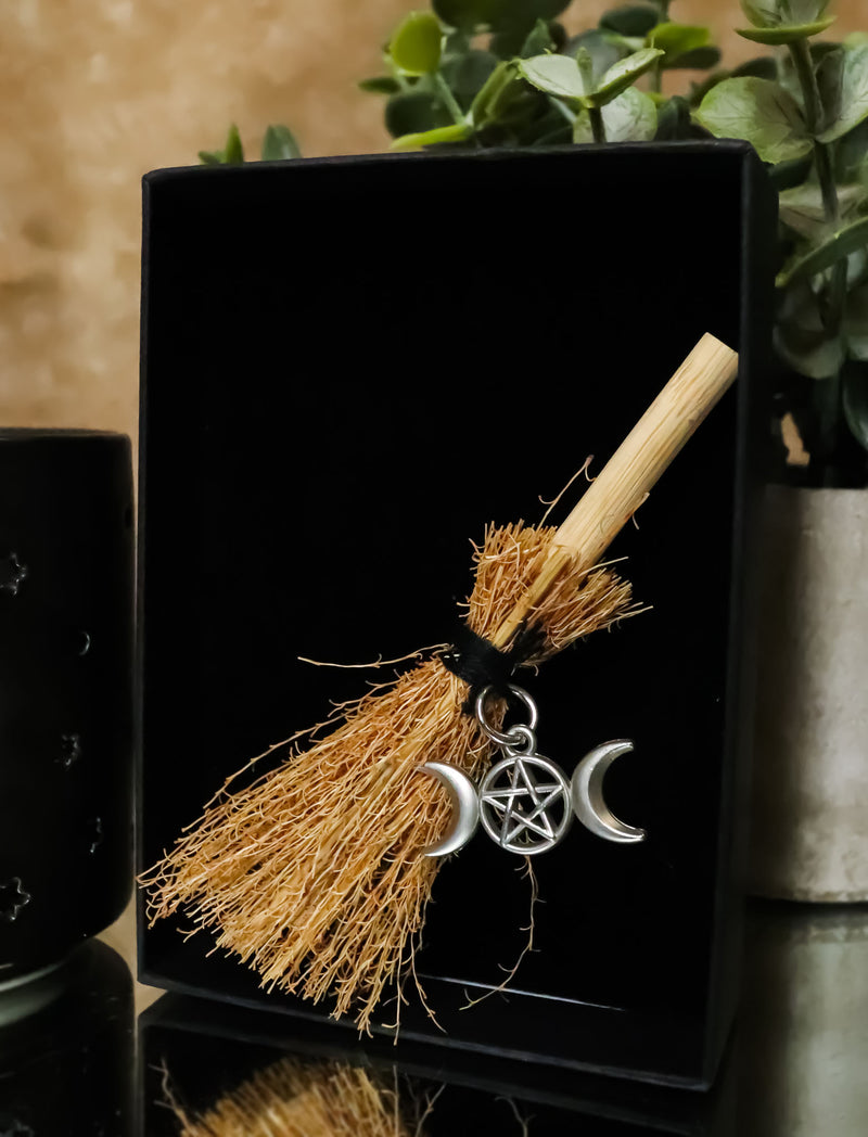 Wicca Witch Broom Magick Broomstick W/ Pentagram Triple Moon Pendant Lucky Charm
