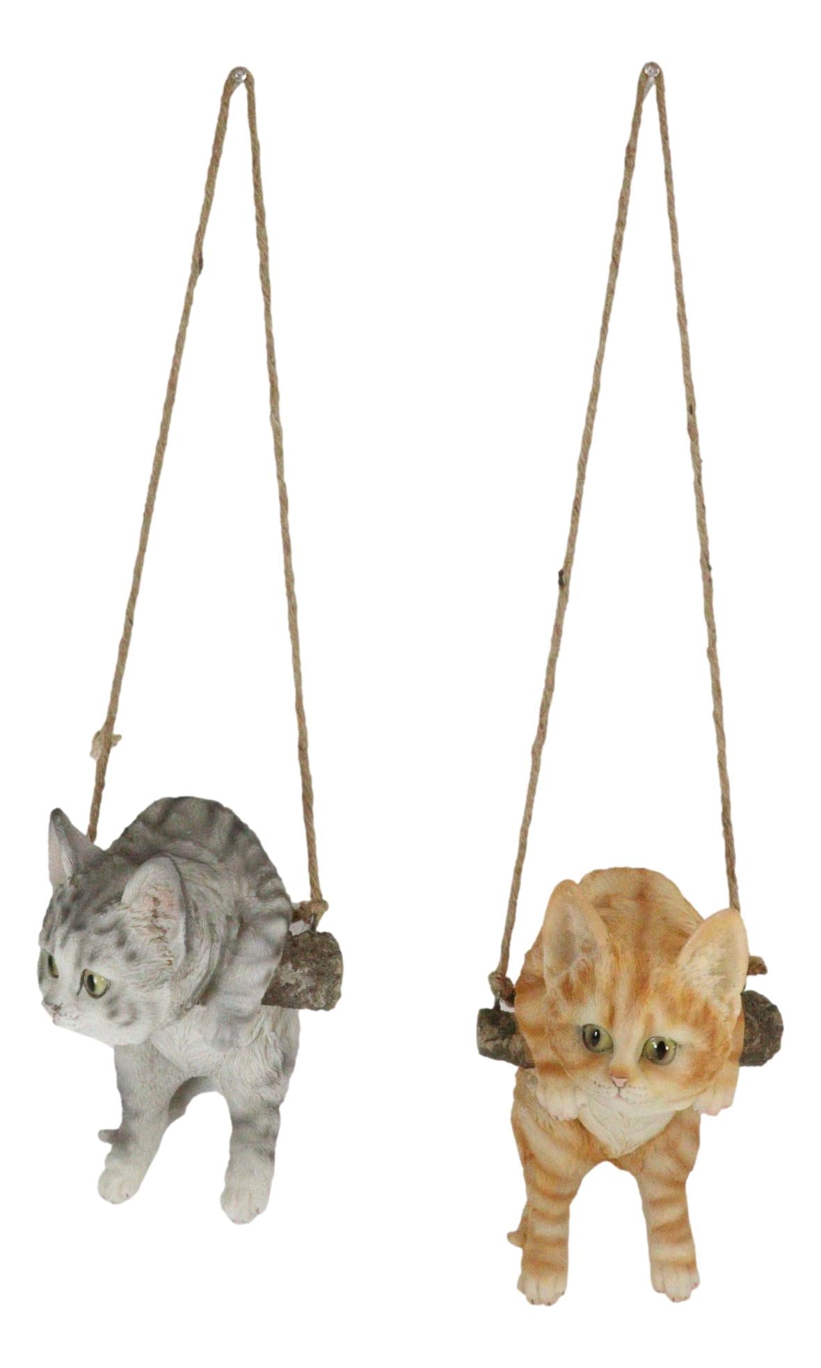 Set Of 2 Lifelike Feline Tabby Kitten Cats On Branch Swing Hanger Wall Decors