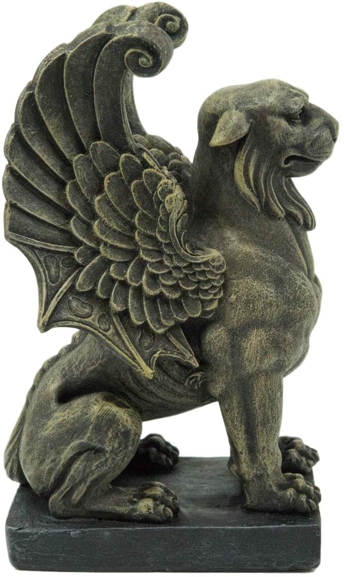 Ebros Lion Gargoyle with Griffin Wings Crouching On Pedestal Statue 6.5" Tall